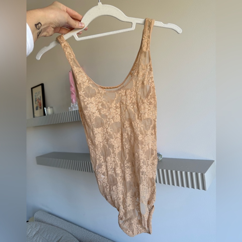American Apparel Floral Lace Bodysuit in Beige